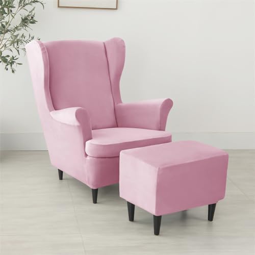 Velvet Wingback Chair Covers 2 Piece with Ottoman Pink