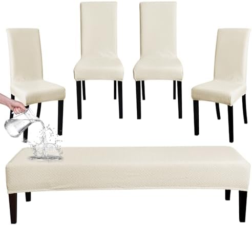 FORCHEER Dining Chair Covers Set 4PCS 1PC Bench Cover Waterproof Beige Jacquard Slipcover