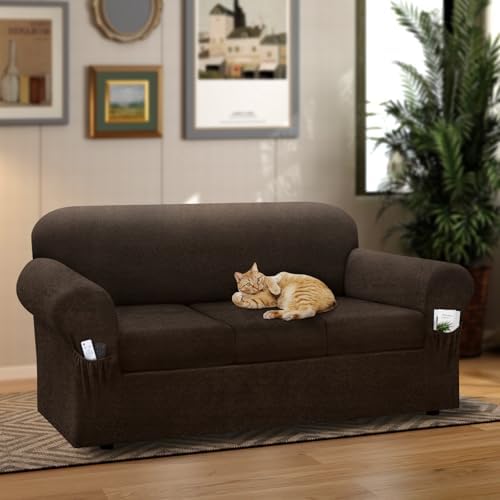Sofa Slipcover with Armrest Pockets 4-Piece Set Brown
