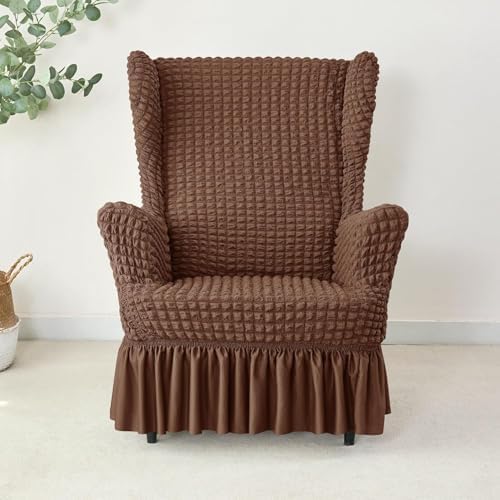 Stretch Seersucker Wingback Chair Slipcover Set with Skirt and Ottoman Cover