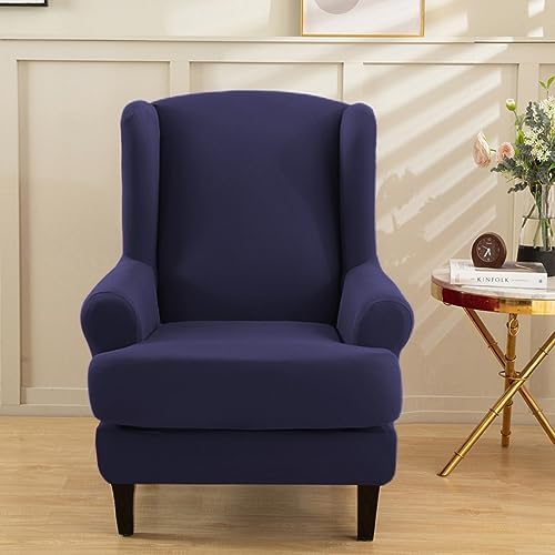 Wingback Chair Covers - 2 Piece Stretch Slipcover Navy Blue