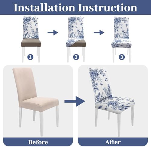 Blue Floral Dining Chair Covers Set of 4