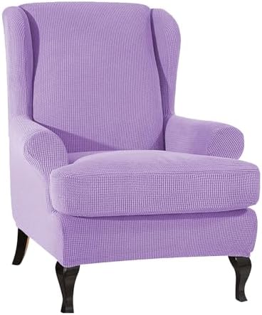 Wing Chair Slipcover 2 Piece Soft Spandex Jacquard Checked Pattern