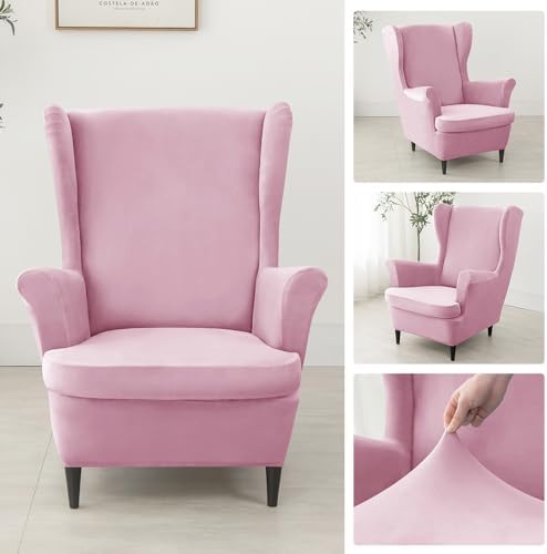 Velvet Wingback Chair Covers 2 Piece with Ottoman Pink