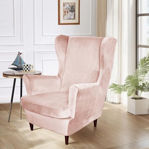 Somsiwey Velvet Wingback Chair Covers 2 Piece Light Pink