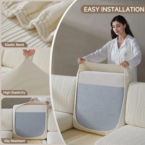 Qianmew L Shaped Couch Cover Ivory Stretchy and Pet-Friendly