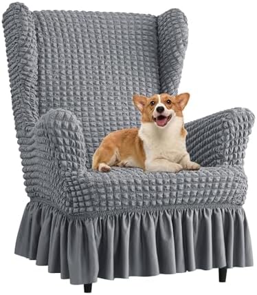 Stretch Seersucker Wingback Chair Slipcover Set