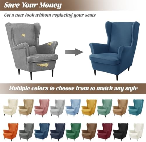 Stretch Wingback Chair Slipcover Set Universal with Elastic Bottom