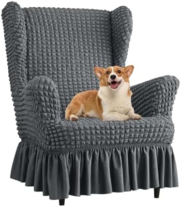 Stretch Seersucker Wingback Chair Slipcover Set with Ottoman and Skirt
