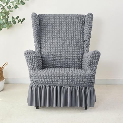 Stretch Seersucker Wingback Chair Slipcover Set