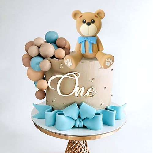 LaVenty Blue Bear Cake Decoration with Blue Gold Balls