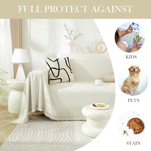 HANDONTIME Cream Herringbone Sofa Cover for Dogs
