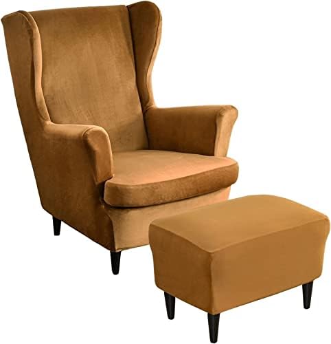 Velvet Wingback Chair Slipcover Set with Footstool Cover