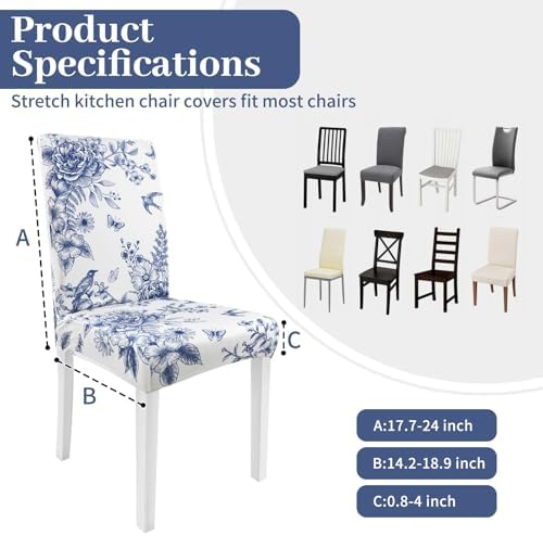 Blue Floral Dining Chair Covers Set of 4