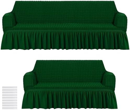 2 Pcs Sofa Slipcover Set Green with Skirt