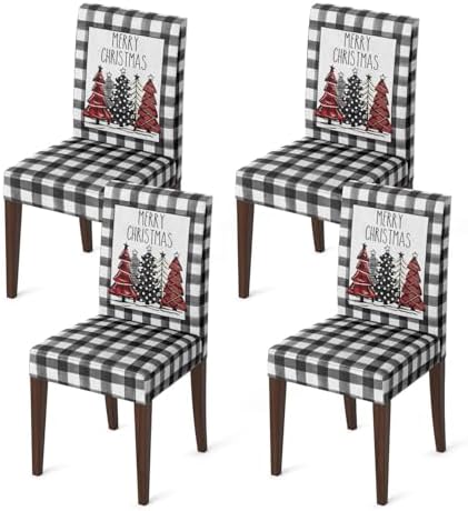 Horaldaily 4PCS Christmas Dining Chair Covers with Black Buffalo Plaid Trees