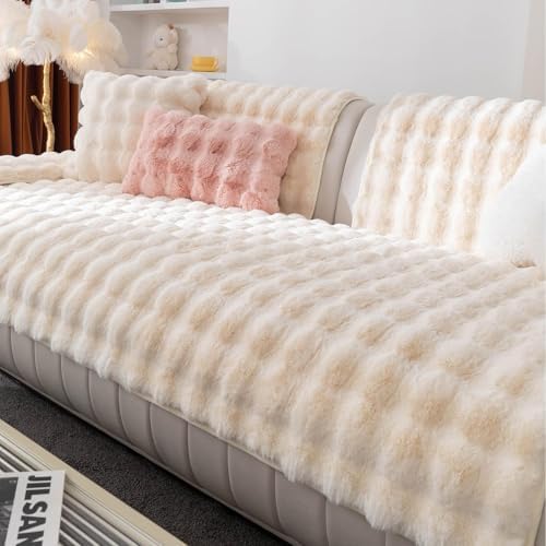 Premium Faux Fur Sofa Cover Soft Plush Non-Slip Washable 28x28 Beige White