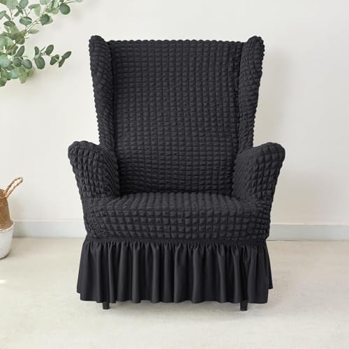 Stretch Seersucker Wingback Chair Slipcover with Skirt