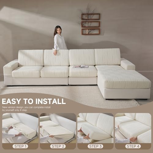 Qianmew L Shaped Couch Cover Ivory Stretchy and Pet-Friendly