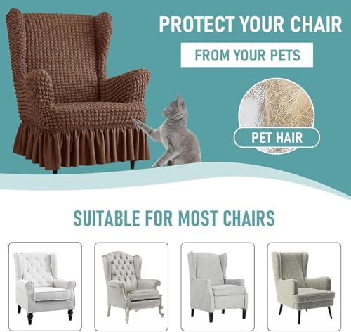 Stretch Seersucker Wingback Chair Slipcover Set with Skirt and Ottoman Cover