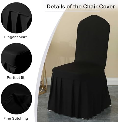 Qubjus 2 Pack Stretch Spandex Dining Chair Covers with Skirt Black