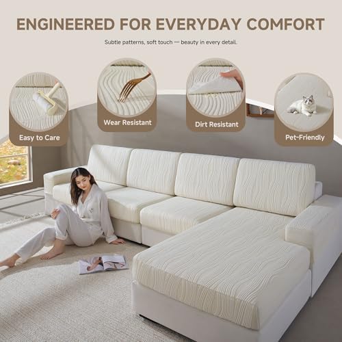 Qianmew L Shaped Couch Cover Ivory Stretchy and Pet-Friendly