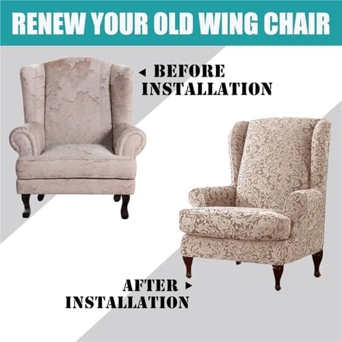 2 Piece Wingback Chair Covers with Arms - Beige