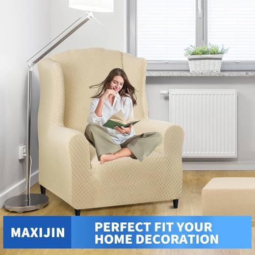 MAXIJIN Stretch Wingback Chair Cover Light Beige