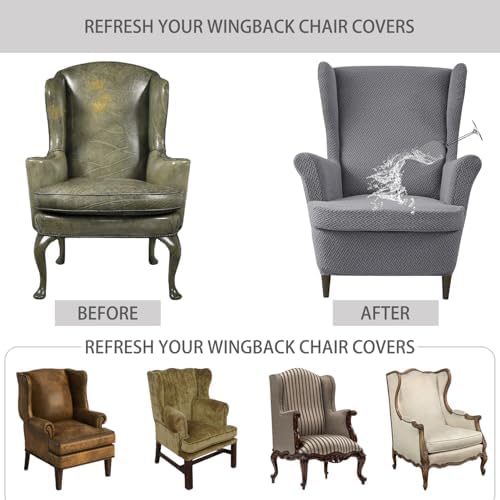 Wingback Chair Cover 2 Piece Stretch Jacquard with Elastic Bottom Matcha Green