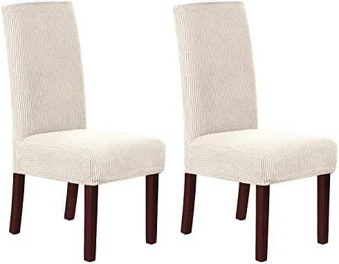 HVERSAILTEX Stretch Dining Chair Covers Set of 2 Ivory Checked Jacquard Slipcovers