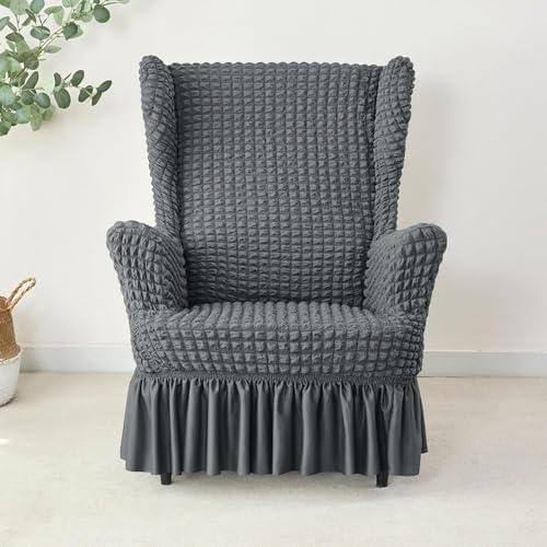 Stretch Seersucker Wingback Chair Slipcover Set with Ottoman and Skirt