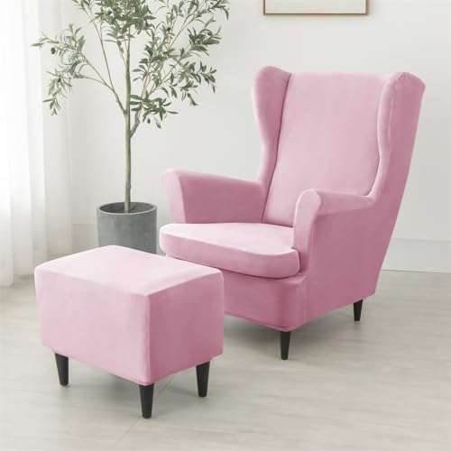 Velvet Wingback Chair Covers 2 Piece with Ottoman Pink