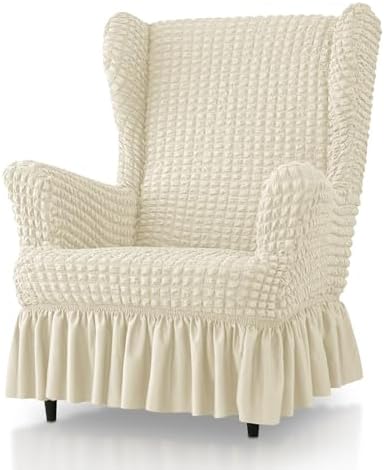 Stretch Seersucker Wingback Chair Slipcover Set with Ottoman Cover Beige