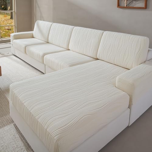 Qianmew L Shaped Couch Cover Ivory Stretchy and Pet-Friendly