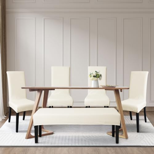 FORCHEER Dining Chair Covers Set 4PCS 1PC Bench Cover Waterproof Beige Jacquard Slipcover