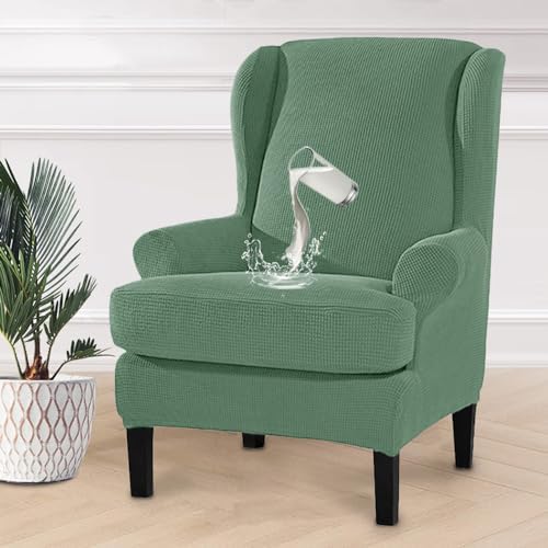 Waterproof Stretch Wingback Chair Covers with Arms Sage Green