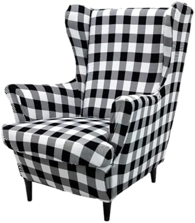 2 Piece Stretch Wingback Chair Covers with Arms - Black Check