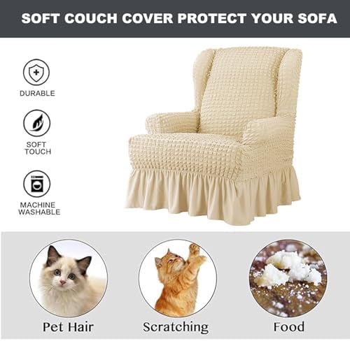 1 Piece Seersucker Stretch Wingback Chair Slipcover with Skirt