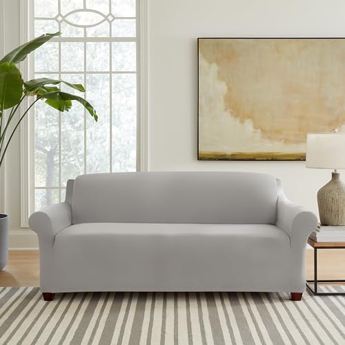 SureFit Hampstead Stretch Velvet Sofa Slipcover - One Piece Machine Washable Light Gray