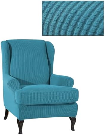 Peacock Blue Jacquard Wingback Chair Covers 2 Piece