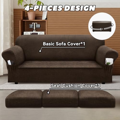 Sofa Slipcover with Armrest Pockets 4-Piece Set Brown