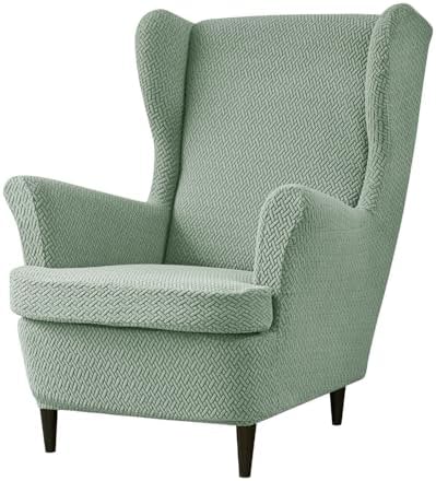 Wingback Chair Cover 2 Piece Stretch Jacquard with Elastic Bottom Matcha Green
