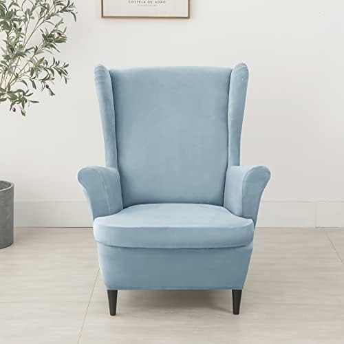 Stretch Wing Chair Slipcovers 2 Piece Light Blue Velvet