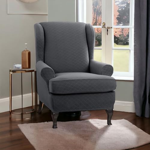 ENOVA HOME Wing Chair Slipcovers 2 Piece Set Grey