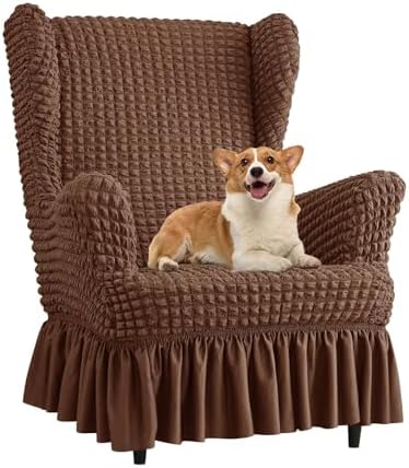 Stretch Seersucker Wingback Chair Slipcover Set with Skirt and Ottoman Cover