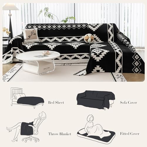 Boho Sofa Cover Chenille Slipcover for Dogs Washable 71x71 Black 1pc