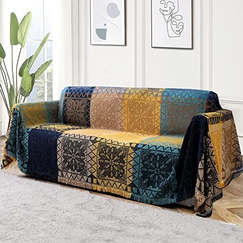 Turquoize Boho Cotton Sofa Cover XX-Large Yellow Navy