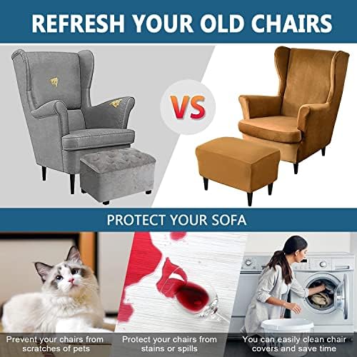 Velvet Wingback Chair Slipcover Set with Footstool Cover