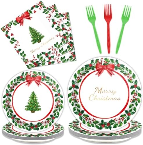 Gisgfim 96 Pcs Christmas Paper Plates Napkins Party Supplies