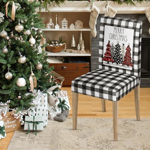 Horaldaily 4PCS Christmas Dining Chair Covers with Black Buffalo Plaid Trees